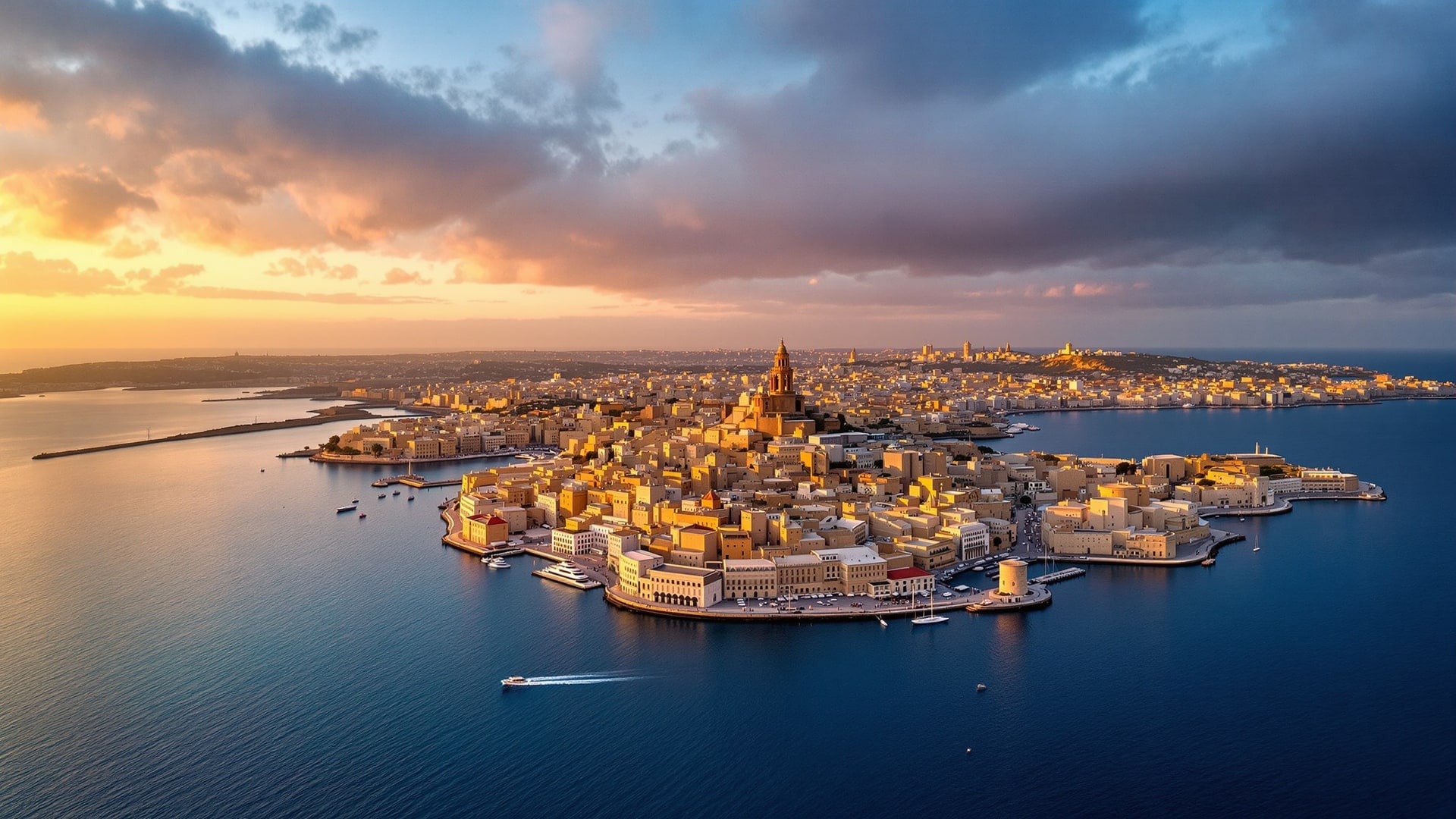 Valletta skyline at sunset, Grand Harbour view
